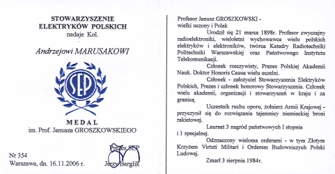 Legitymacja medalu im. J. Groszkowskiego