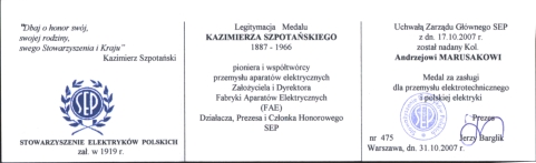 Legitymacja medalu im. K. Szpotaskiego